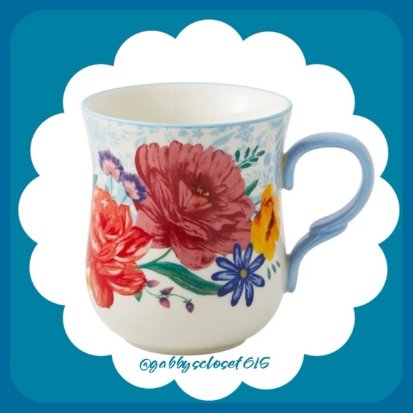 💋 New The Pioneer Woman Brilliant Blooms Stoneware Mug, Teal Blue, Red - Picture 3 of 6